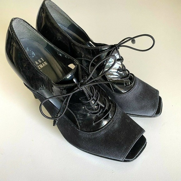Stuart Weitzman Lace Up Pump Bootie Black Patent Leather Satin Cut Out P… - Picture 2 of 8